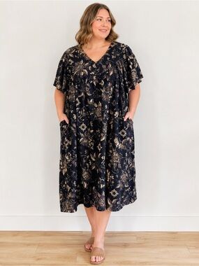 Vintage Kalama Hawaiian Muumuu House Dress Kaftan 4X Cotton Floral Pockets